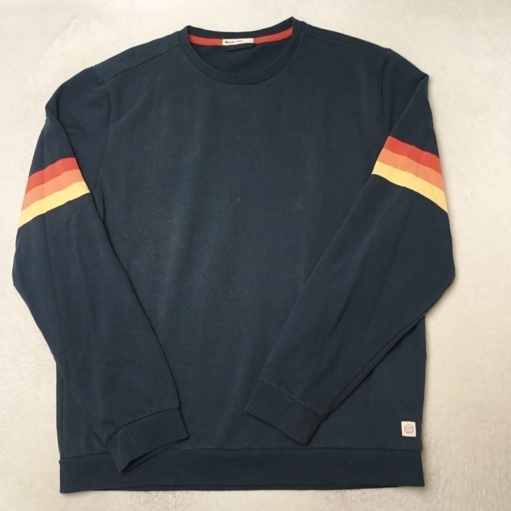 Marine Layer Sweatshirt Mens L Blue Pullover Heavyweight Fleece Striped Logo